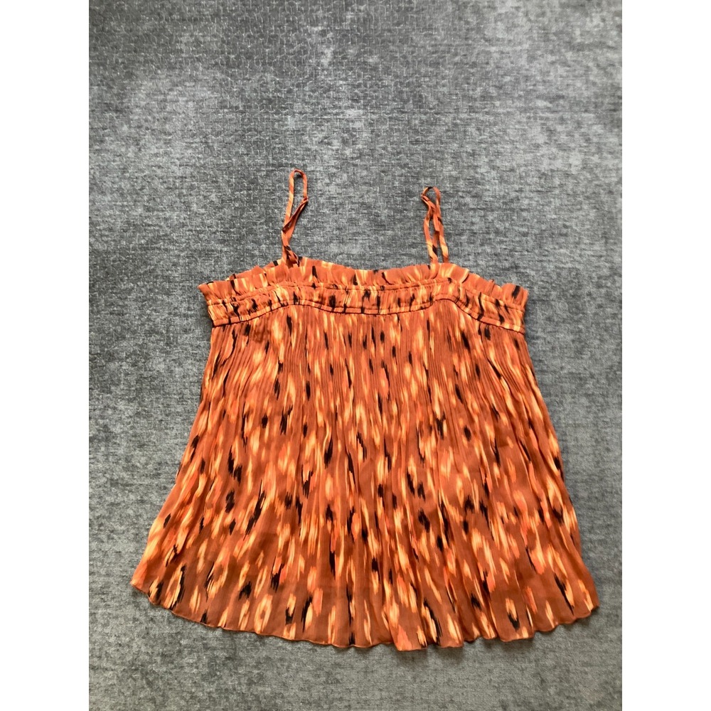 Nine West Tank Top Womens Large Orange Leopard Print Spaghetti Strap Ruffle Neck